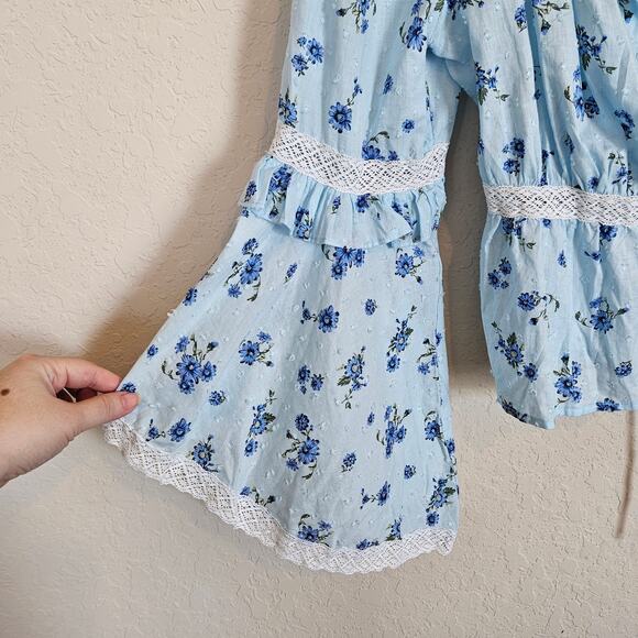 ASOS Bell Sleeve Lace Up Front Top Blue Floral Blouse Women's 10 Faerie Cottage - Picture 3 of 10